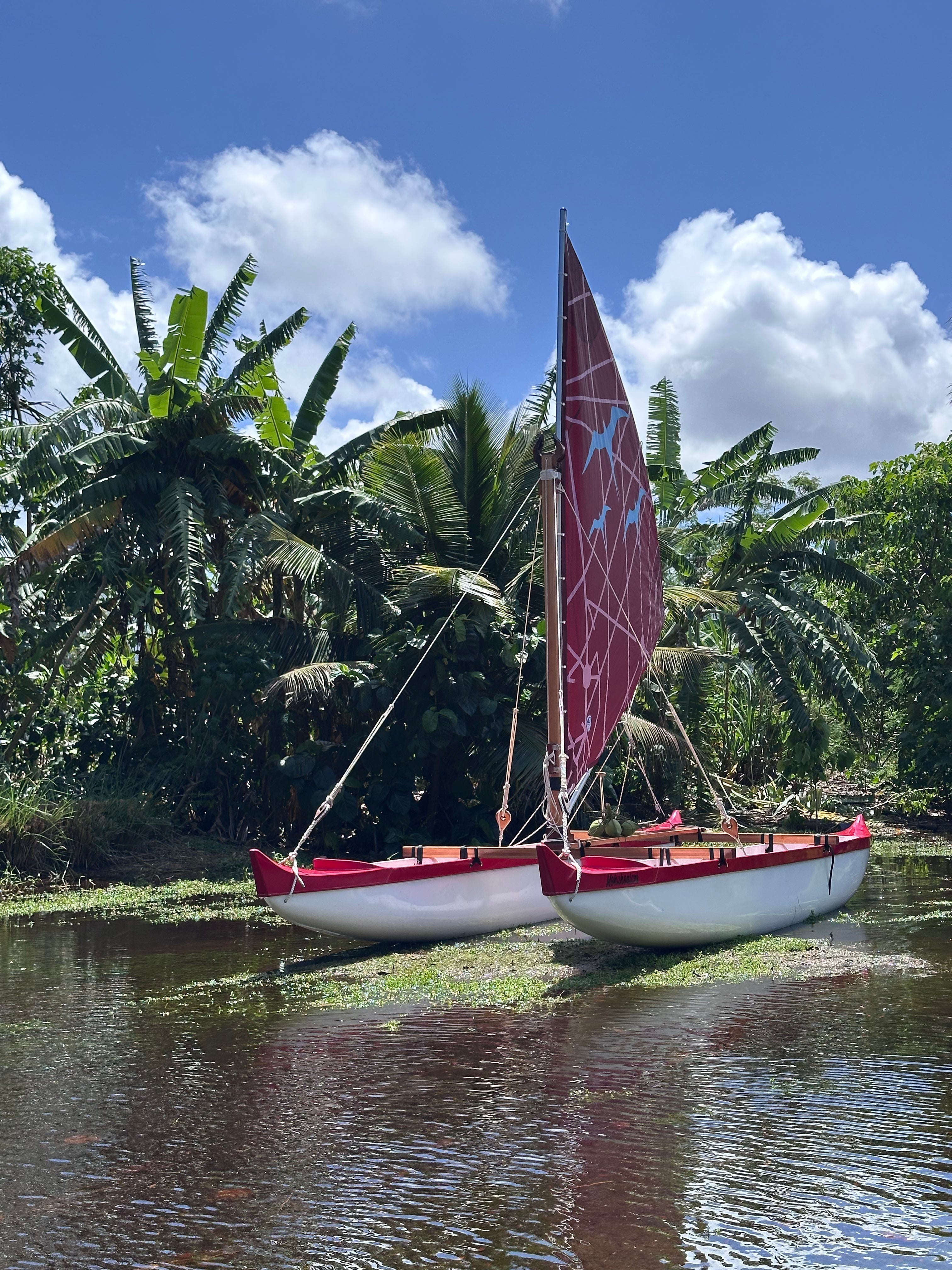 Hawaiian sailing canoe with Mama food forest at Liuliu Farms 